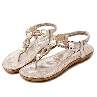 Large Size Beaded Rhinestone Clip Toe Elastic Slip On Sandals