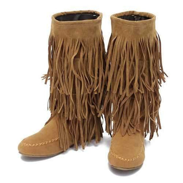 Women Tassels Flat Pu Boots Mid Calf Shoes