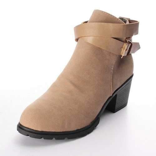 Women Buckle Suede Square Heel Ankle Boot