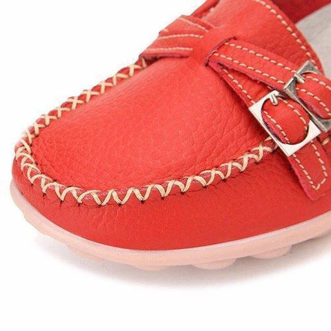 Leather Double Buckle Soft Sole Slip On Casual Flat Loafers