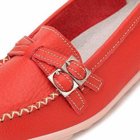 Leather Double Buckle Soft Sole Slip On Casual Flat Loafers