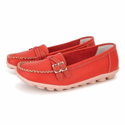 Leather Double Buckle Soft Sole Slip On Casual Flat Loafers