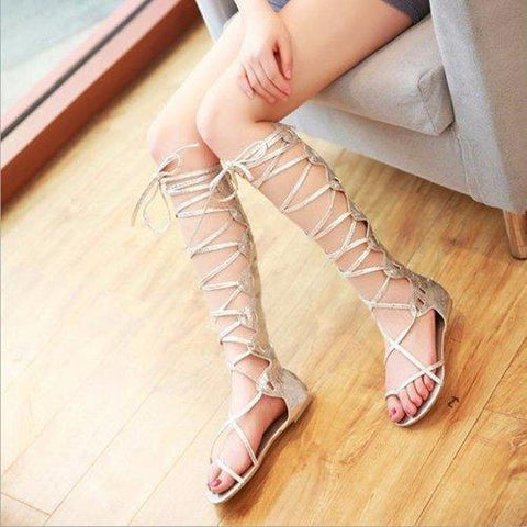 Sexy Roman Lace Up Hollow Out Strappy Flat Knee High Mid Calf Gladiator Sandals