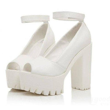 Leather Strappy Chunky Heel Pure Color Piscine Mouth Sandals