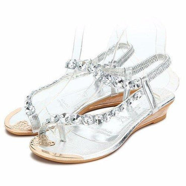 Bling Shiny Beaded Diamond Elastic Clip Toe Wedge Heel Sandals