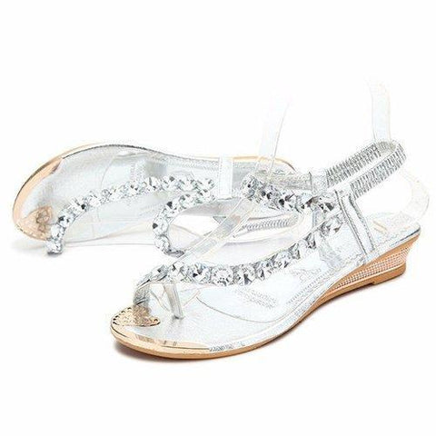 Bling Shiny Beaded Diamond Elastic Clip Toe Wedge Heel Sandals