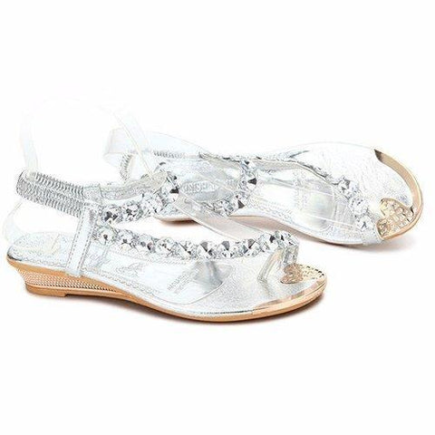 Bling Shiny Beaded Diamond Elastic Clip Toe Wedge Heel Sandals