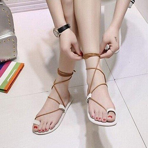 Retro Simple Lace Up Flat Clip Toe Sandals