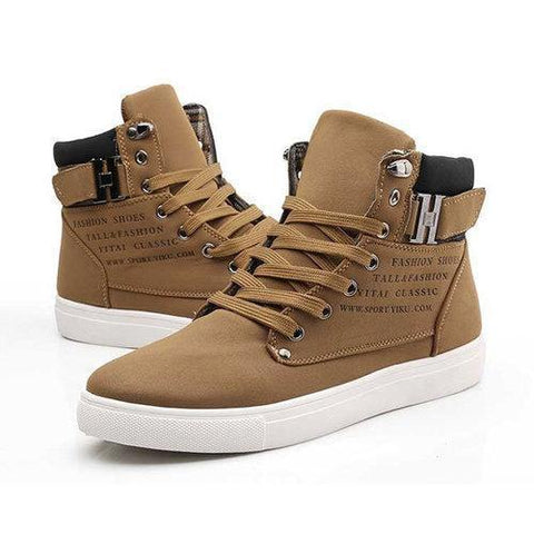 Men Buckel Metal Letter High Top Casual Lace Up Flat Sports Shoes