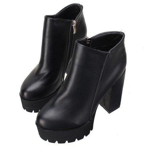 Black Pu Zipper Ankle Chunky Heel Boots