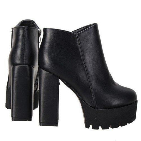 Black Pu Zipper Ankle Chunky Heel Boots