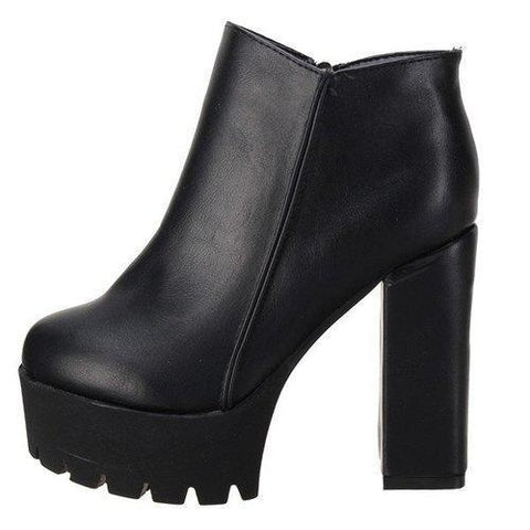 Black Pu Zipper Ankle Chunky Heel Boots