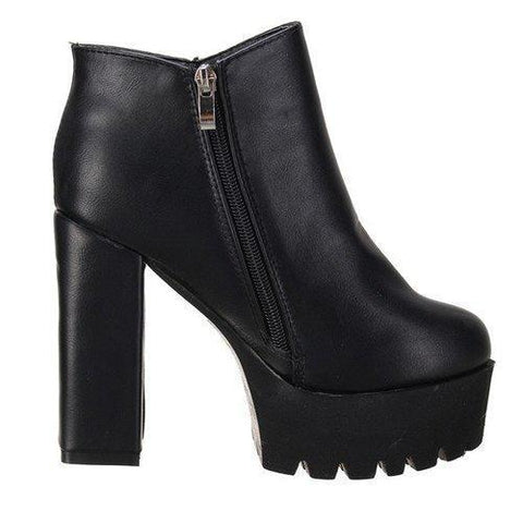 Black Pu Zipper Ankle Chunky Heel Boots