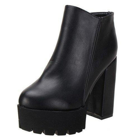 Black Pu Zipper Ankle Chunky Heel Boots