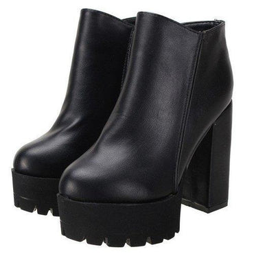 Black Pu Zipper Ankle Chunky Heel Boots