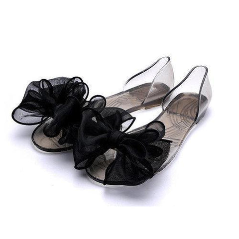 Flower Butterflyknot Transparent Jelly Peep Toe Fish Mouth Slip On Flat Sandals