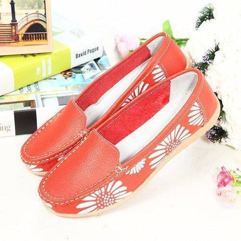 Leather Floral Print Color Match Soft Sole Slip On Flat Loafers