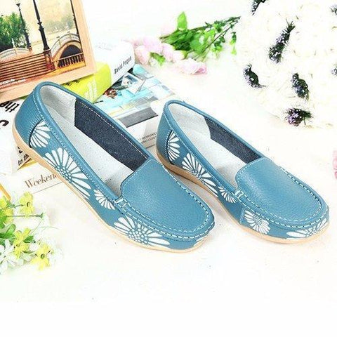 Leather Floral Print Color Match Soft Sole Slip On Flat Loafers