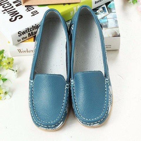 Leather Floral Print Color Match Soft Sole Slip On Flat Loafers