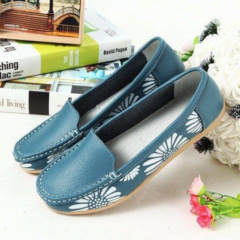 Leather Floral Print Color Match Soft Sole Slip On Flat Loafers