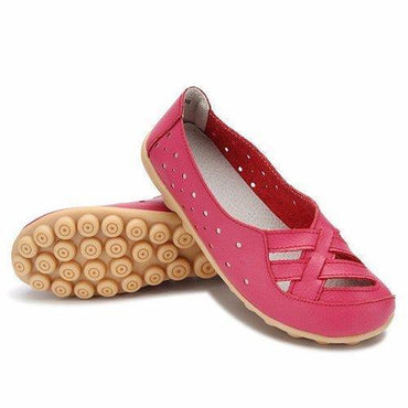 Leather Pure Color Hollow Out Breathable Soft Sole Slip On Flat Shoes