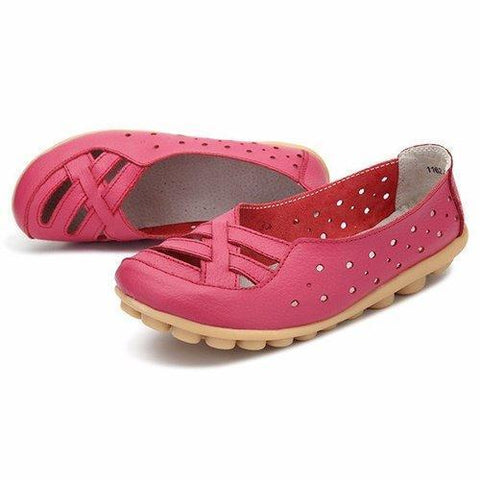 Leather Pure Color Hollow Out Breathable Soft Sole Slip On Flat Shoes