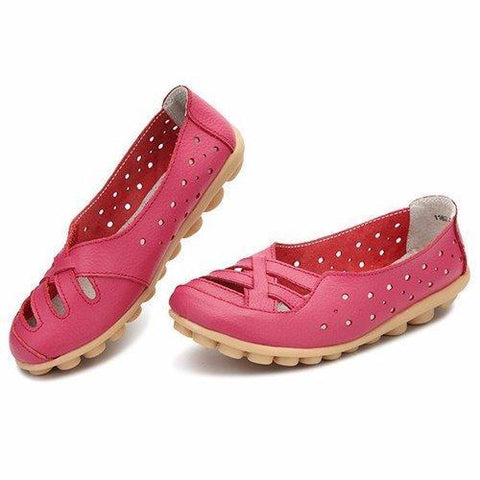 Leather Pure Color Hollow Out Breathable Soft Sole Slip On Flat Shoes