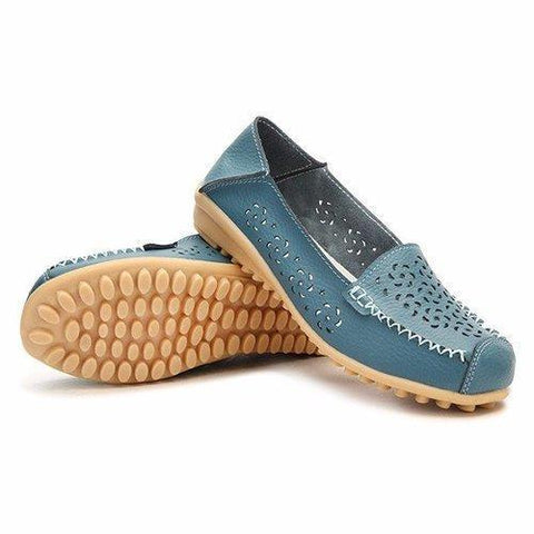 Leather Hollow Out Pure Color Breathable Slip On Flat Shoes