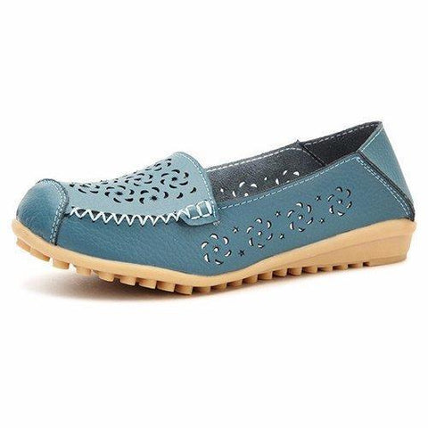 Leather Hollow Out Pure Color Breathable Slip On Flat Shoes