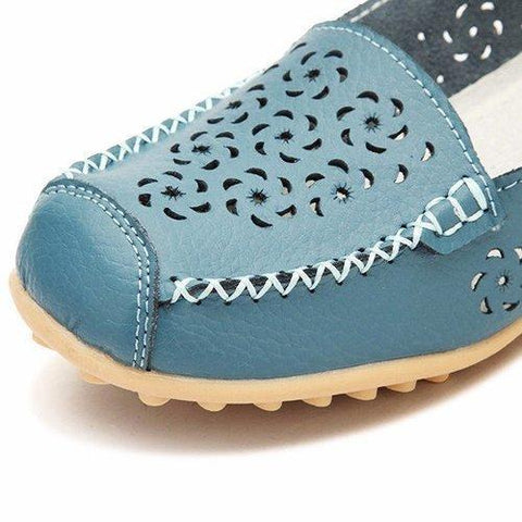 Leather Hollow Out Pure Color Breathable Slip On Flat Shoes