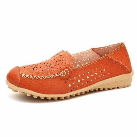 Leather Hollow Out Pure Color Breathable Slip On Flat Shoes