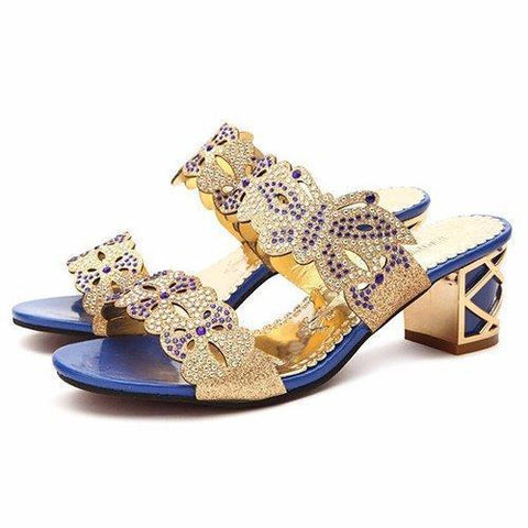 Butterflyknot Floral Crystal Beaded Bling Peep Toe Hollow Out Square Heel Slip On Slippers