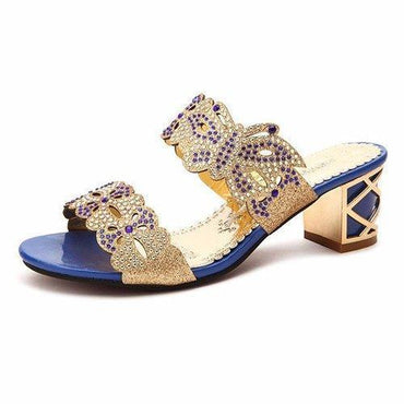 Butterflyknot Floral Crystal Beaded Bling Peep Toe Hollow Out Square Heel Slip On Slippers