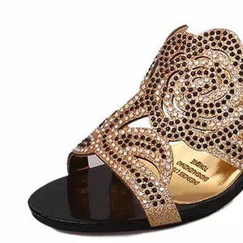 Rose Floral Rhinestone Beaded Crystal Peep Toe Hollow Out Slip On Slippers