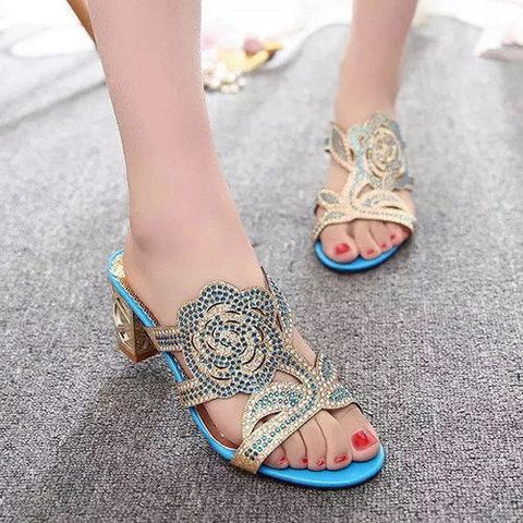 Rose Floral Rhinestone Beaded Crystal Peep Toe Hollow Out Slip On Slippers