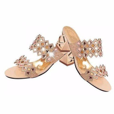 Rhombus Rhinestone Beaded Bling Hollow Out Peep Toe Square Heel Slippers