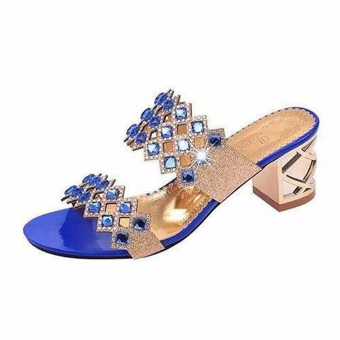 Rhombus Rhinestone Beaded Bling Hollow Out Peep Toe Square Heel Slippers