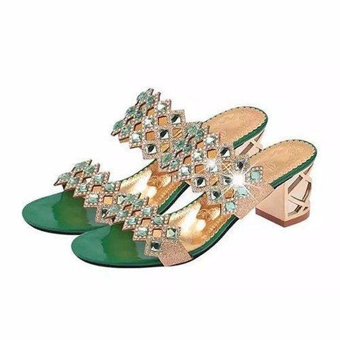 Rhombus Rhinestone Beaded Bling Hollow Out Peep Toe Square Heel Slippers