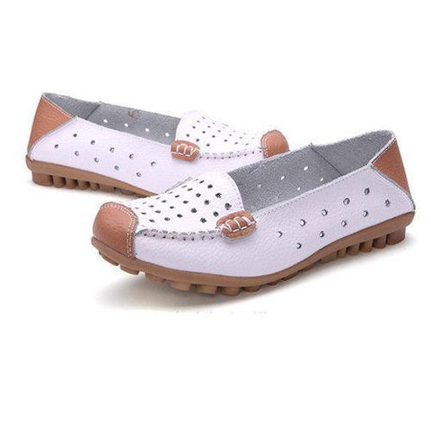 Leather Color Match Hollow Out Soft Breathable Slip On Flat Shoes