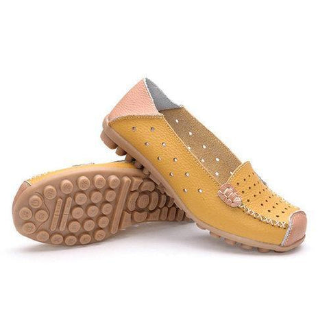 Leather Color Match Hollow Out Soft Breathable Slip On Flat Shoes