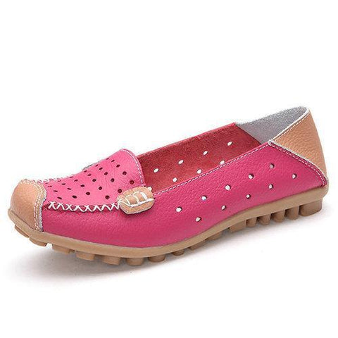 Leather Color Match Hollow Out Soft Breathable Slip On Flat Shoes