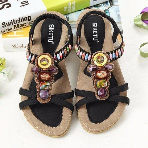 Big Size Bohemia Beaded Rhinestone Peep Toe Fish Mouth Flat Sandals