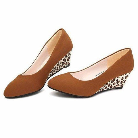 Pure Color Leopard Comfortable Elegant Slip On Wedge Heel Pumps