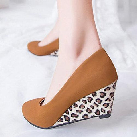 Pure Color Leopard Comfortable Elegant Slip On Wedge Heel Pumps