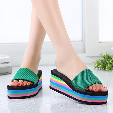 Colorful Rainbow EVA Peep Toe Platform Slip On Beach Slippers