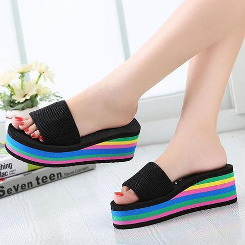 Colorful Rainbow EVA Peep Toe Platform Slip On Beach Slippers