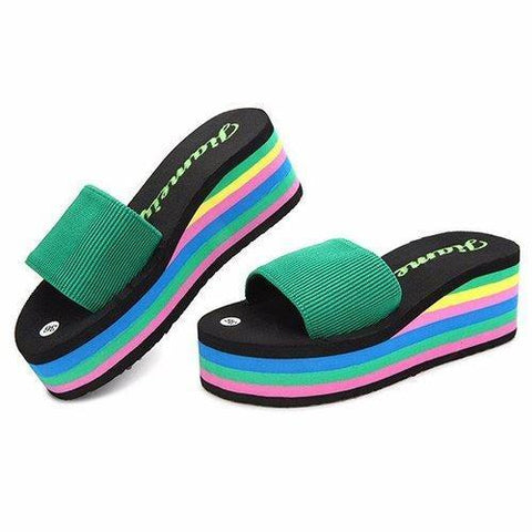 Colorful Rainbow EVA Peep Toe Platform Slip On Beach Slippers