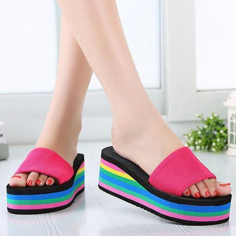 Colorful Rainbow EVA Peep Toe Platform Slip On Beach Slippers