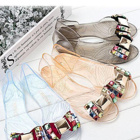 Butterflykont Beaded Crystal Transparent Peep Toe Slip On Flat Beach Sandals