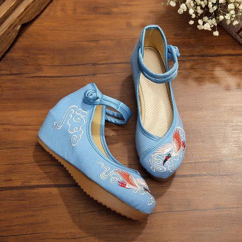 Crane Cloud Embroidery Chinese Knot National Wind Lace Up Wedge Heel Shoes